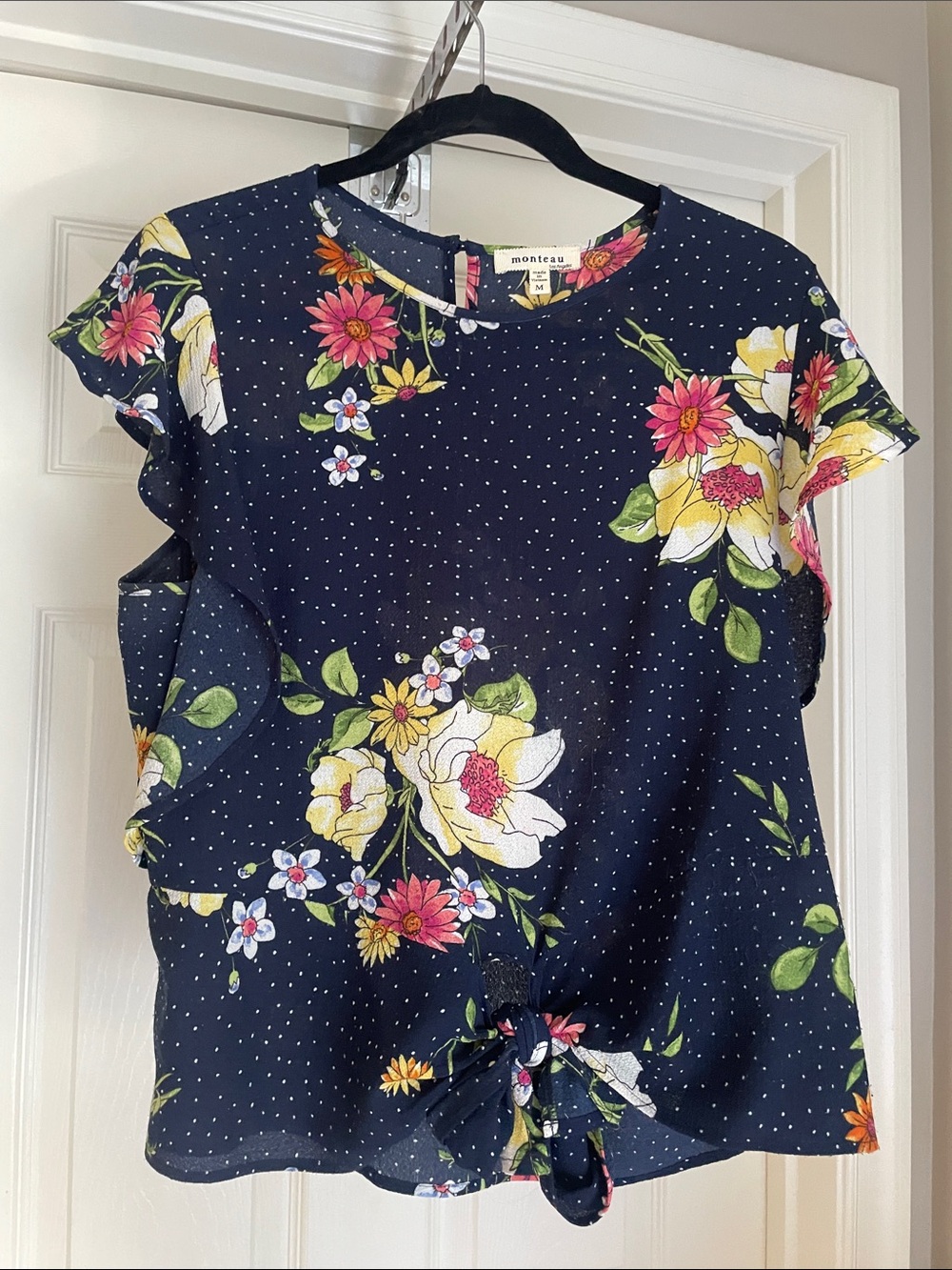Monteau Navy Floral Tie-Front Cap Sleeve Blouse